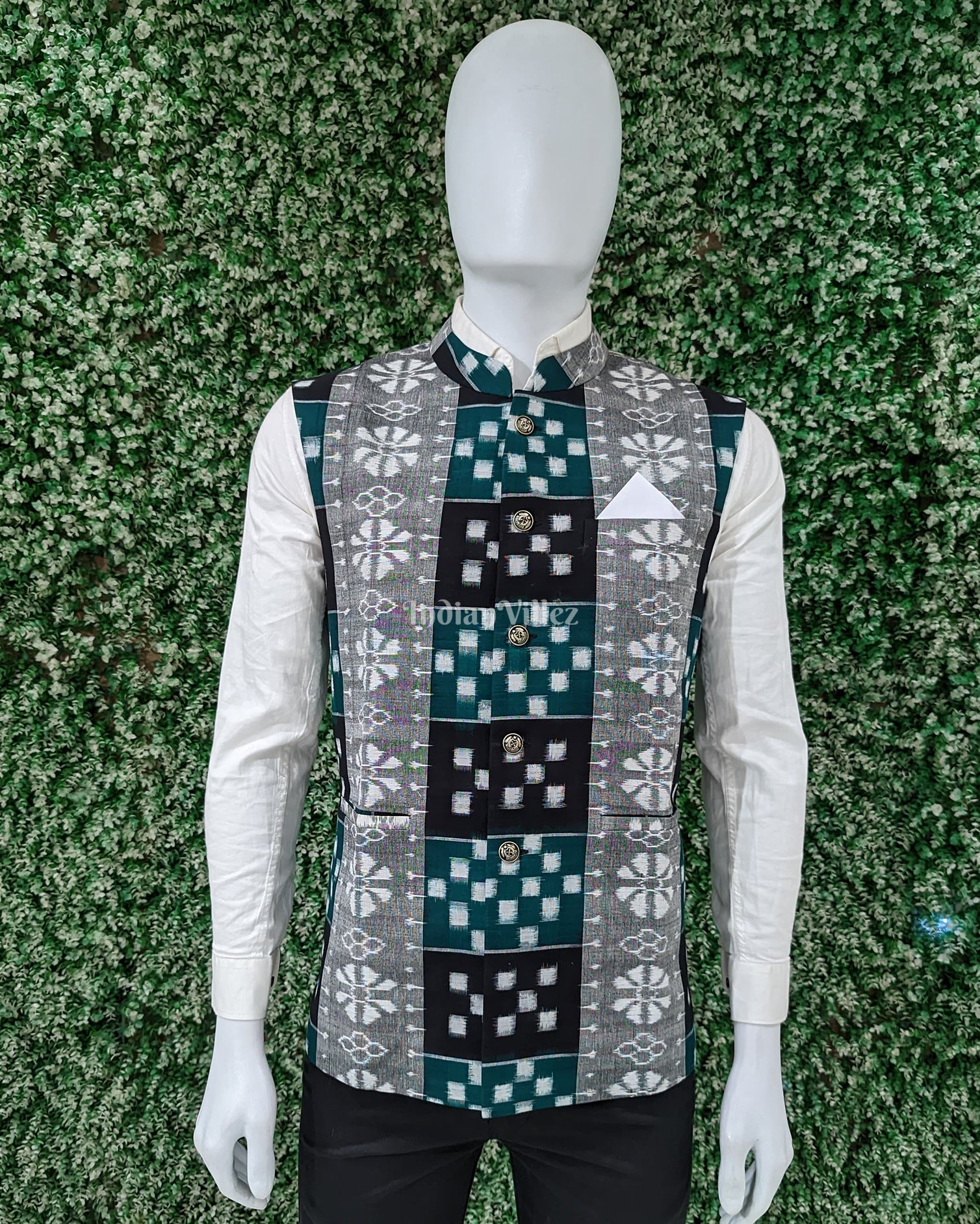 Grey Green Pasapali Odisha Ikat Cotton Half Bandi Jacket for Men