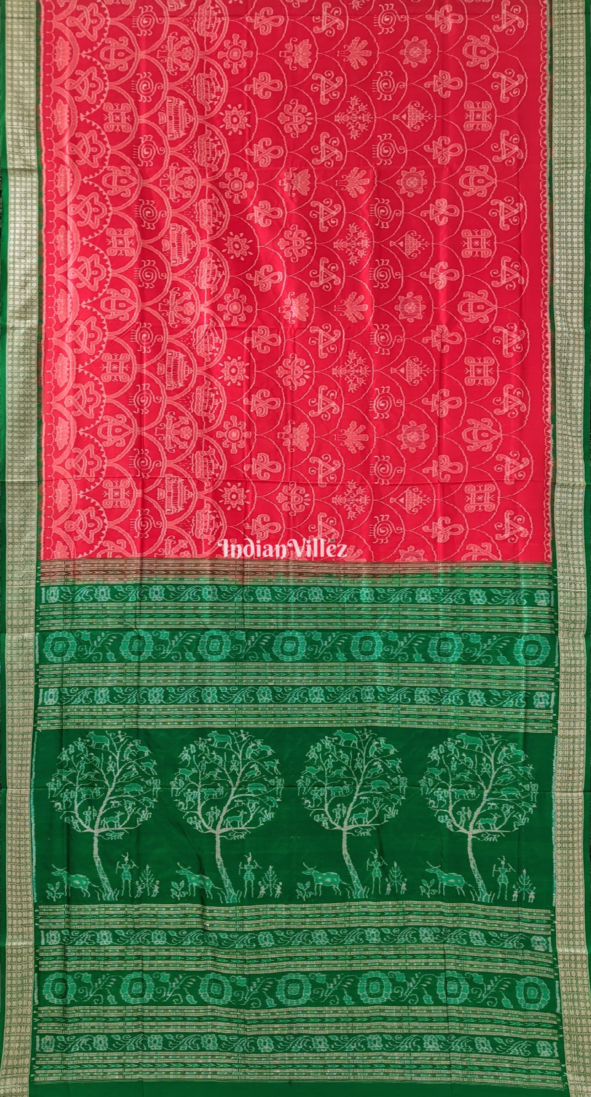 Reddish Orange Green Sambalpuri Bomkai Silk Saree