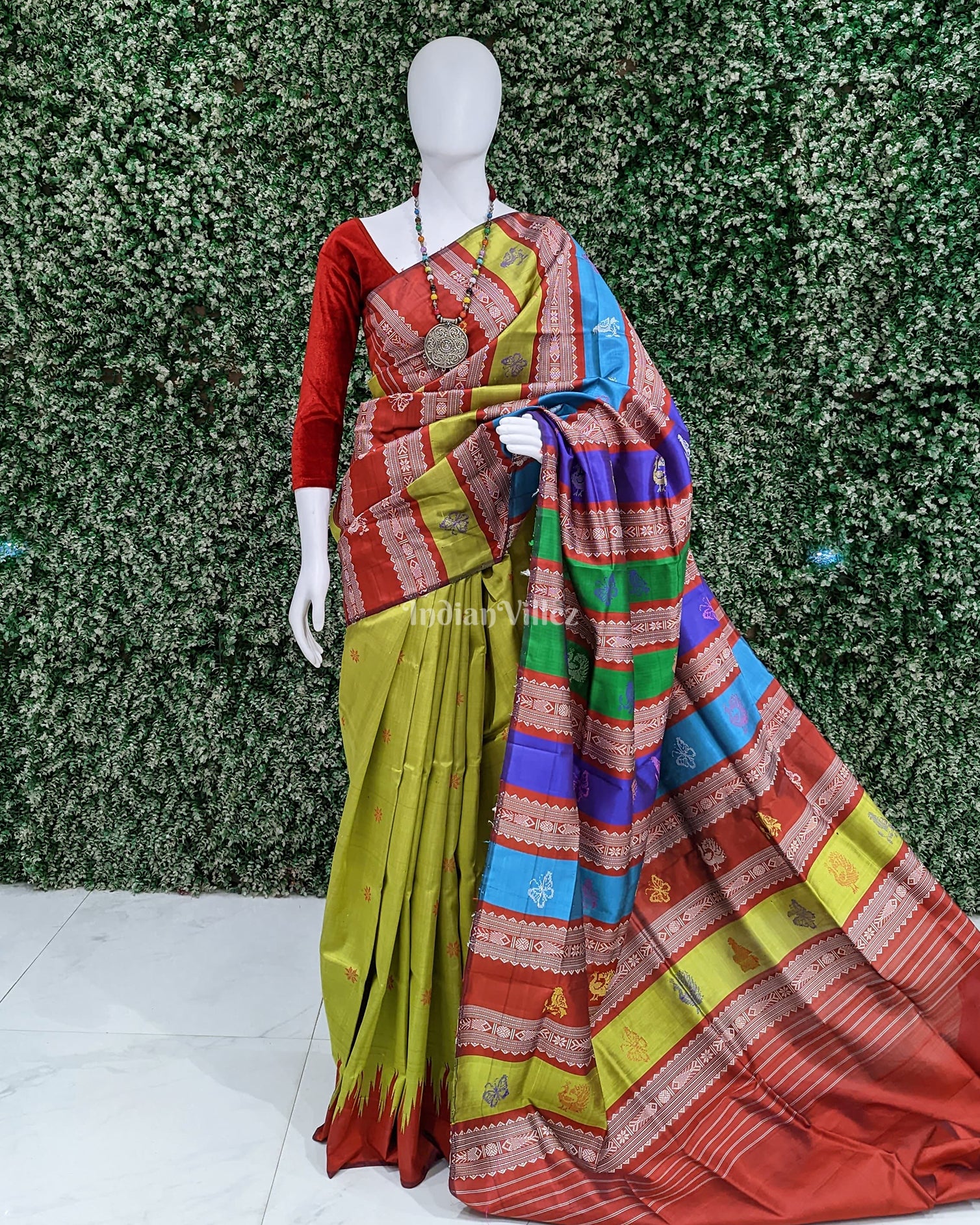 Mehendi Green & Red With Multicolor Double Pallu Berhampuri Silk Saree