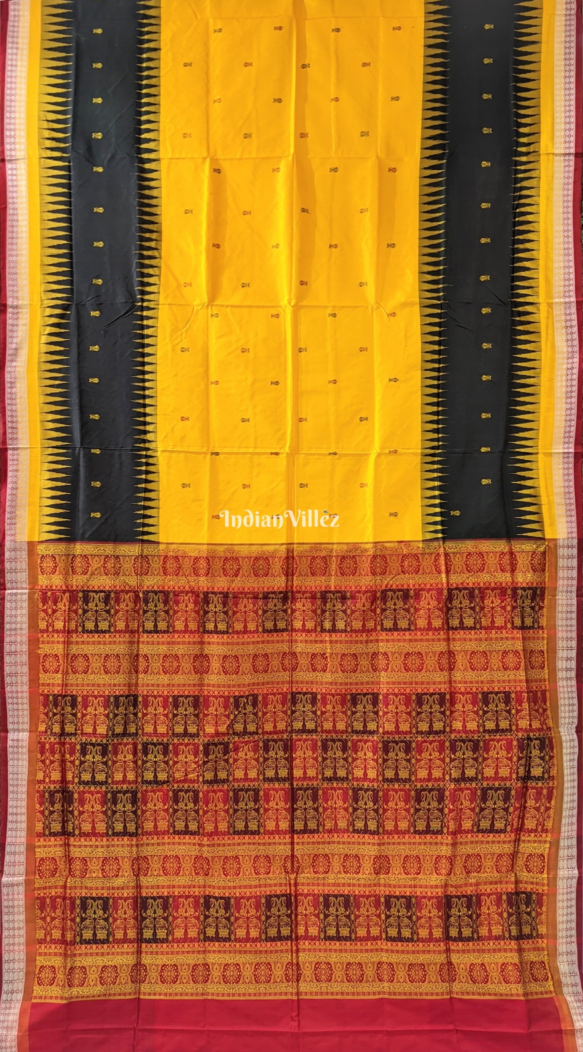 Yellow Black Fish Motif Sambalpuri Bomkai Silk Saree with Nartaki Anchal