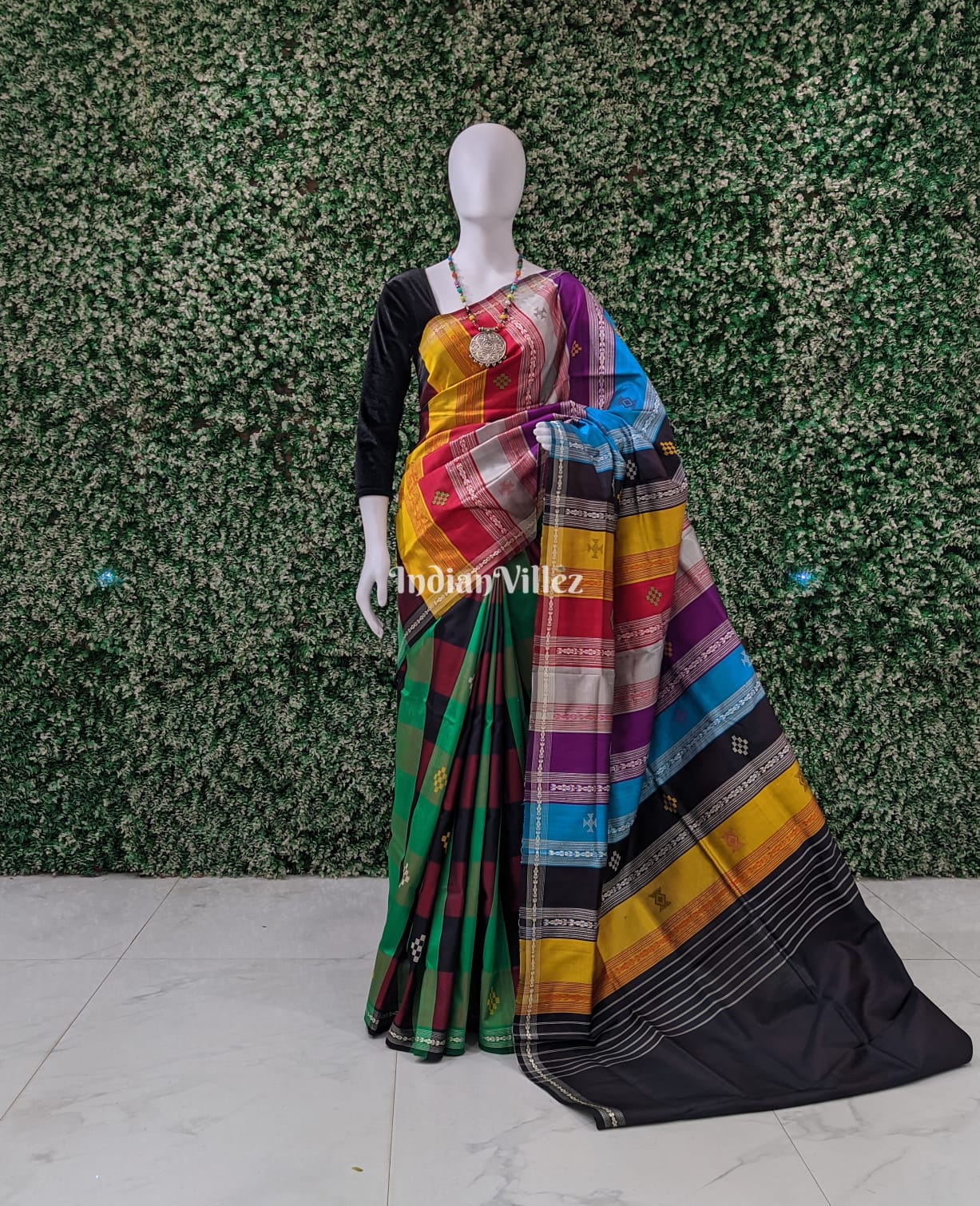 Multicolor Pasapali Theme Berhampuri Double Pallu Silk Saree