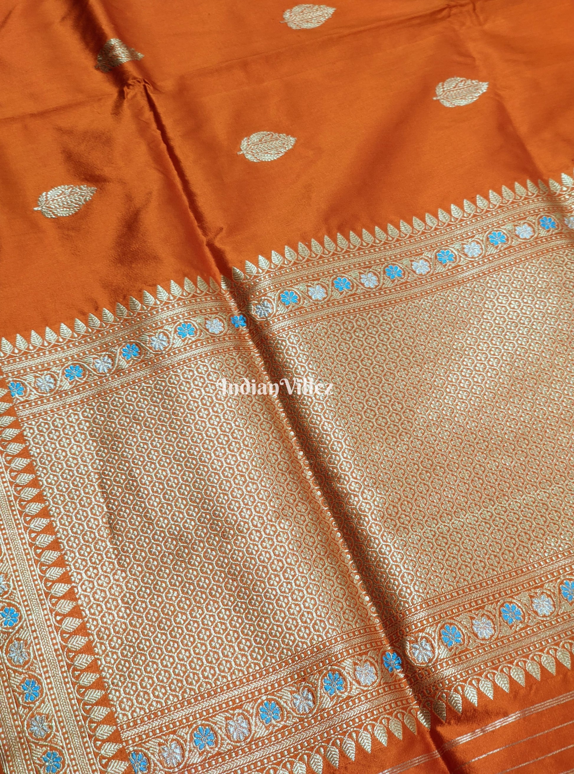 Orange Floral Meenakari Banarasi Katan Silk Saree