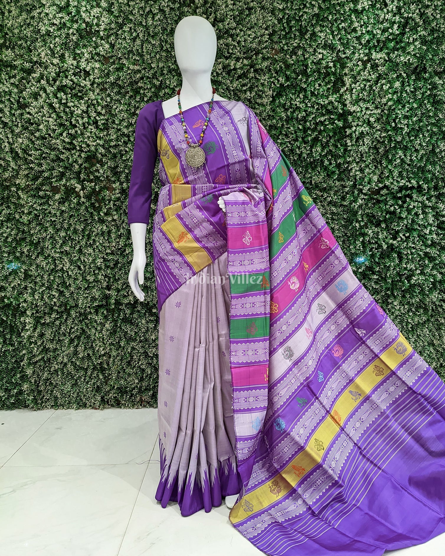 Lavender & Purple With Multicolor Double Pallu Berhampuri Silk Saree