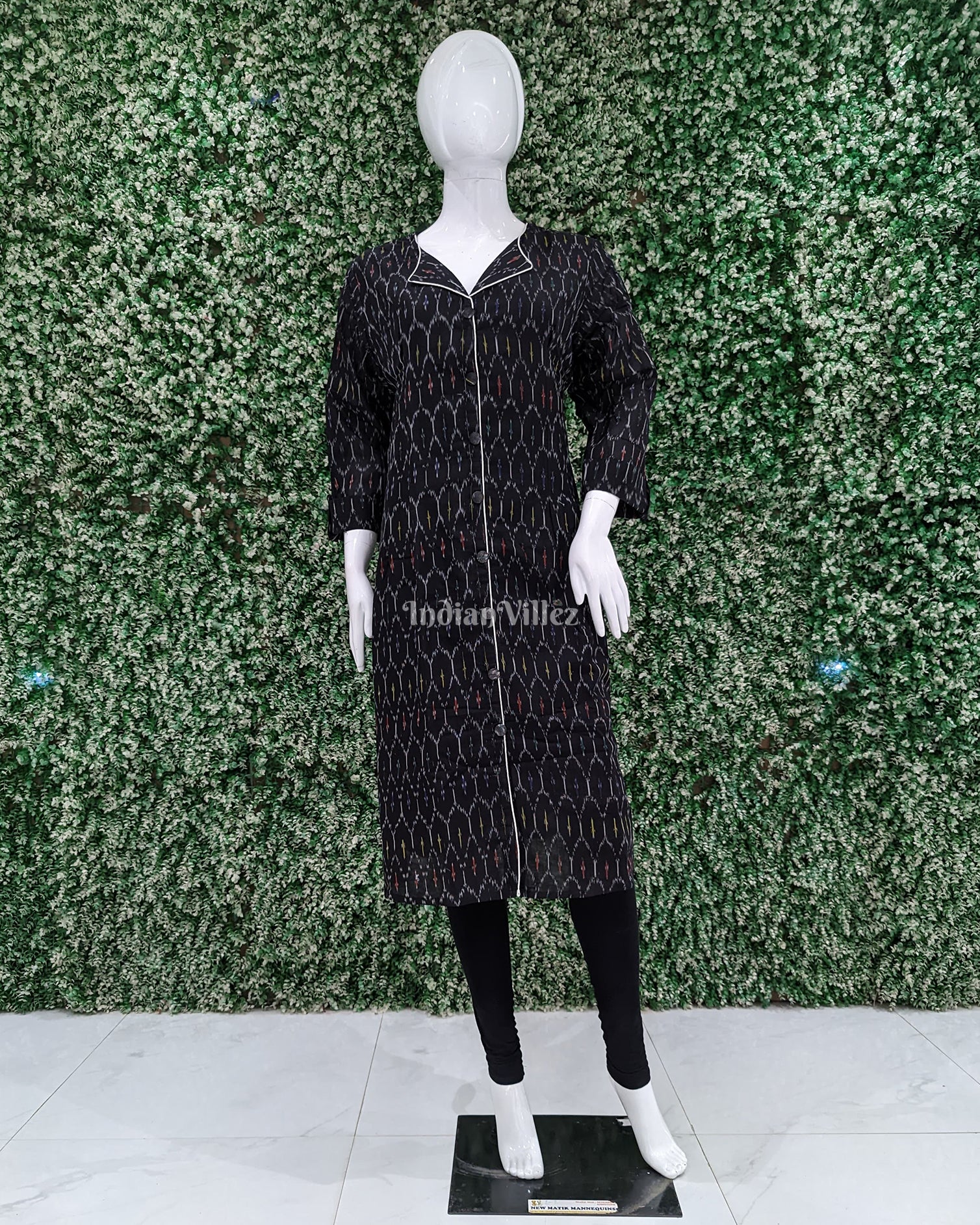 Black Pochampally Ikat Designer Cotton Kurti For Women