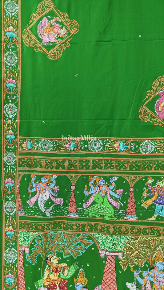 Green Radha Krishna Dashavatara Pattachitra Silk Saree