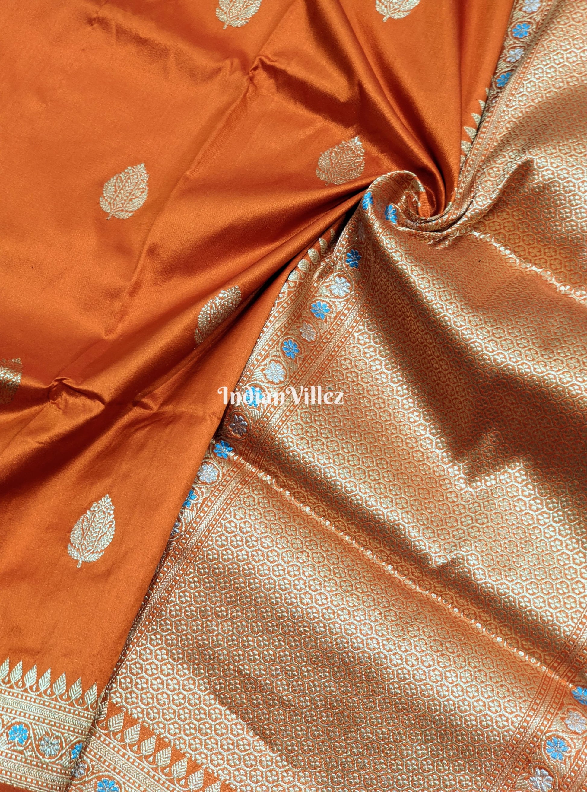 Orange Floral Meenakari Banarasi Katan Silk Saree