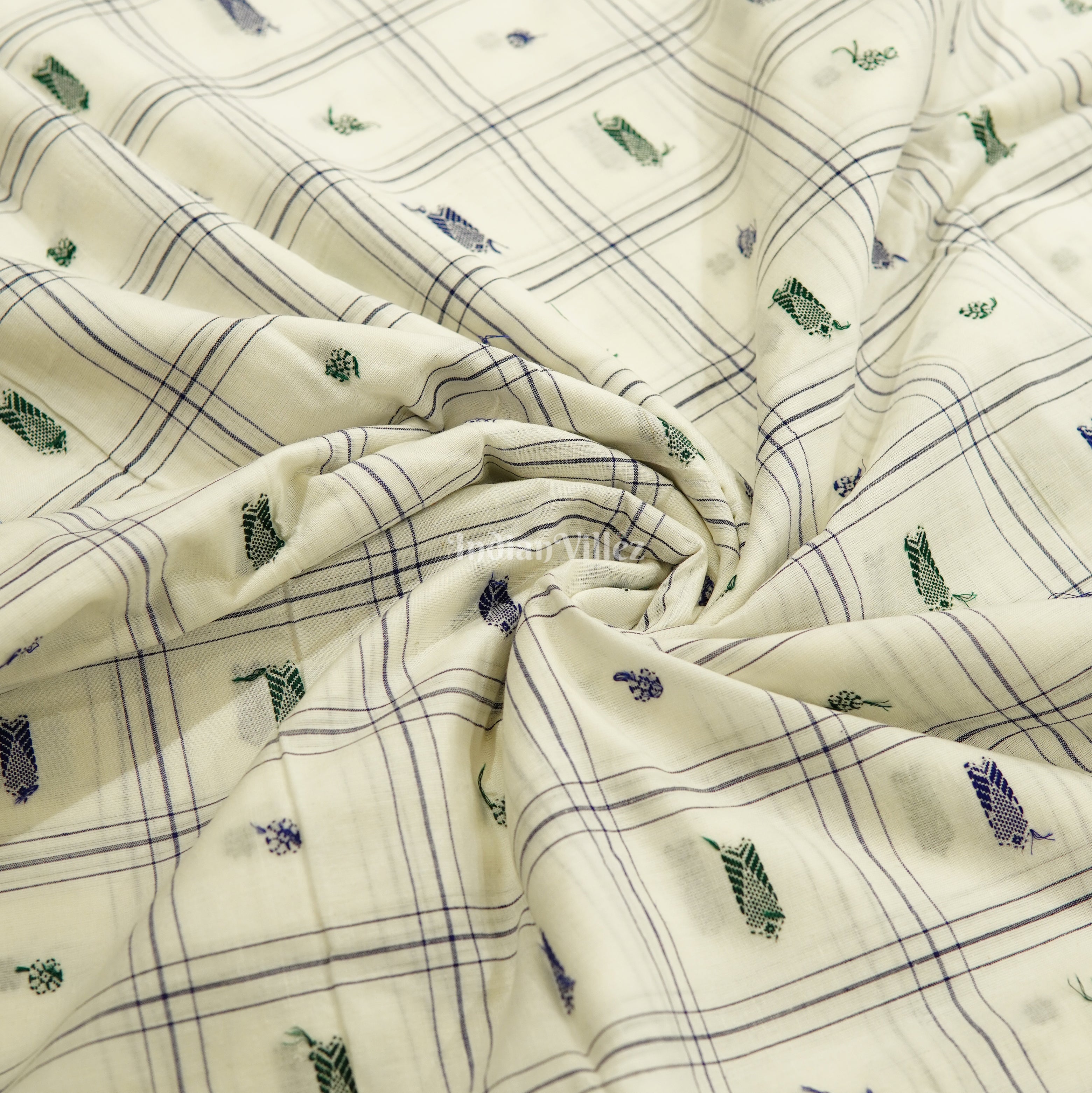 White Fish & Flower Motif Bomkai Cotton Fabric