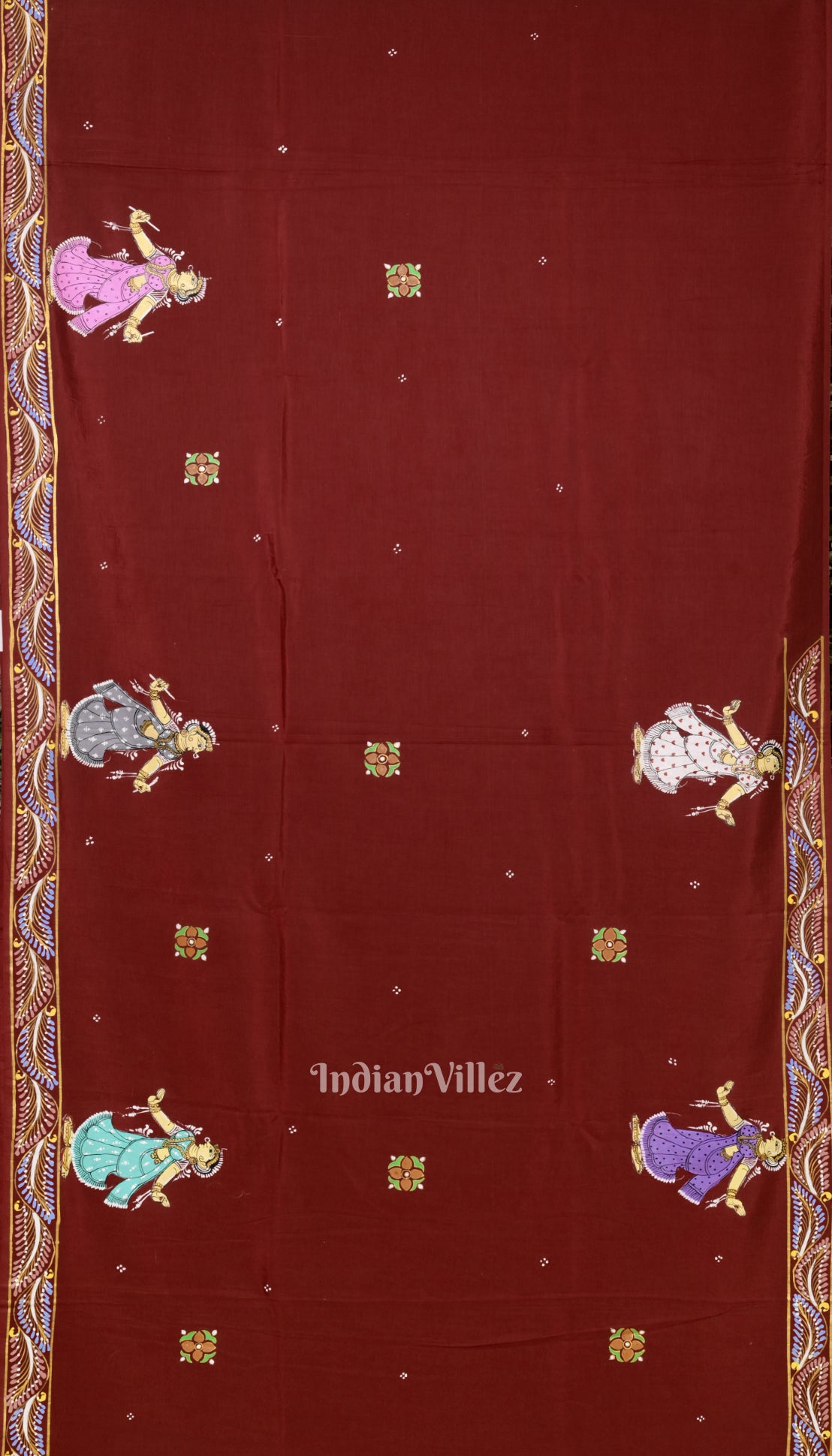 Red Mathura Vijay Theme Hand-Painted Pattachitra Saree