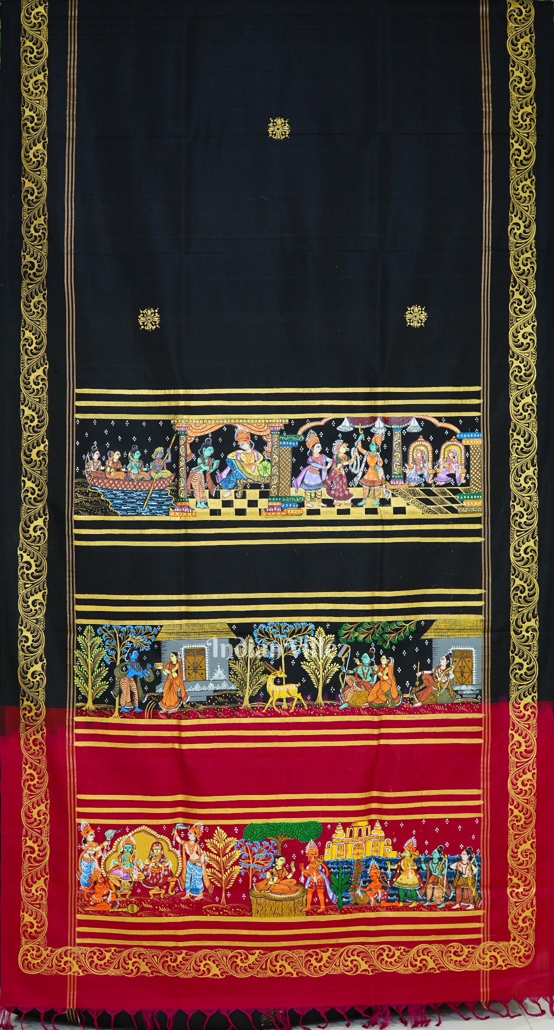 Black Rani Ramayana Theme Hand-Painted Pattachitra Silk Saree