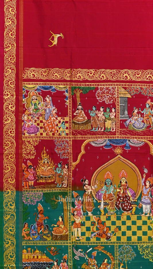 Red with Sea Green Ramayana Theme Hand-Painted Pattachitra Saree