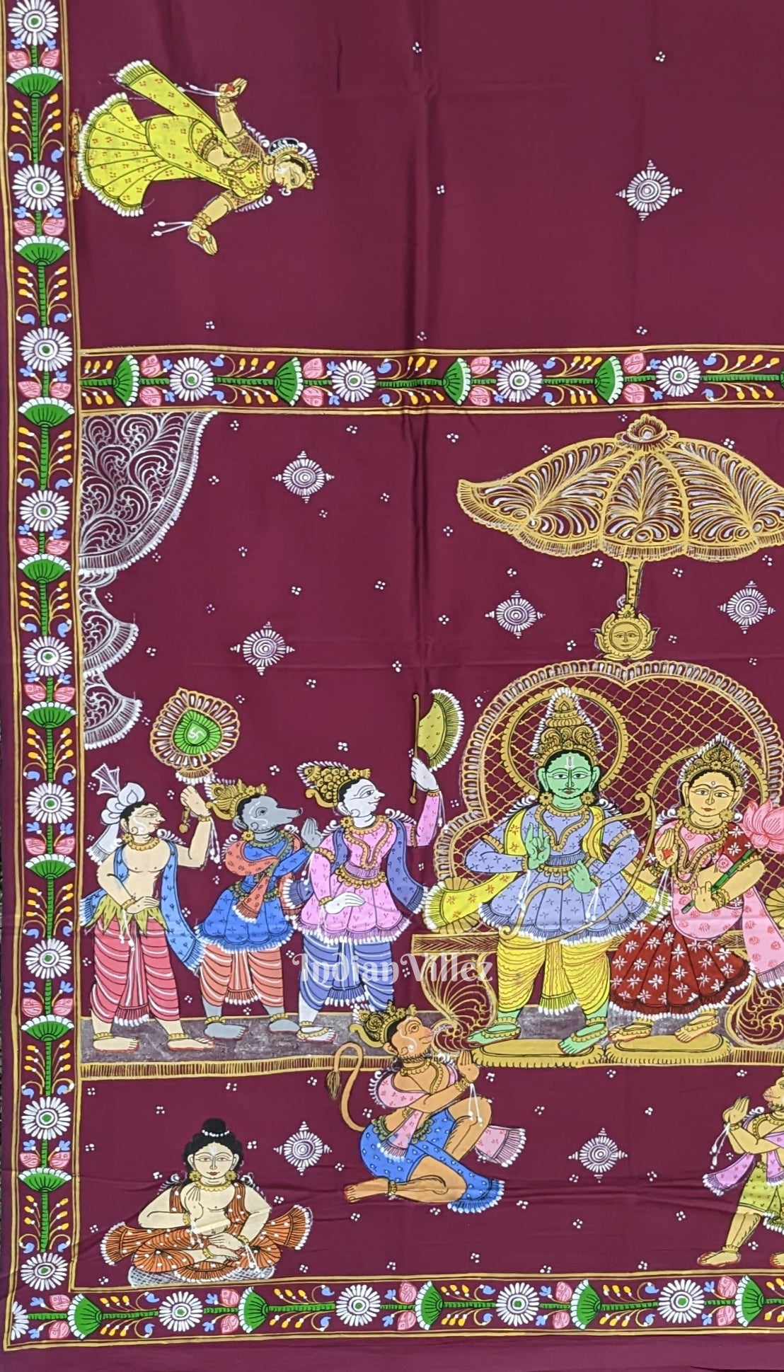 Magenta Ramayan Theme Hand-Painted Pattachitra Saree