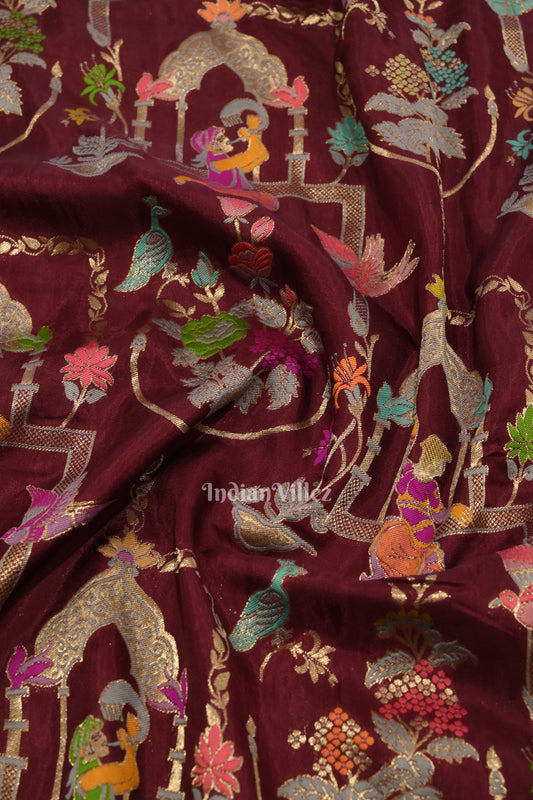 Wine Purple Tussar Banarasi Silk Saree with Tassels 