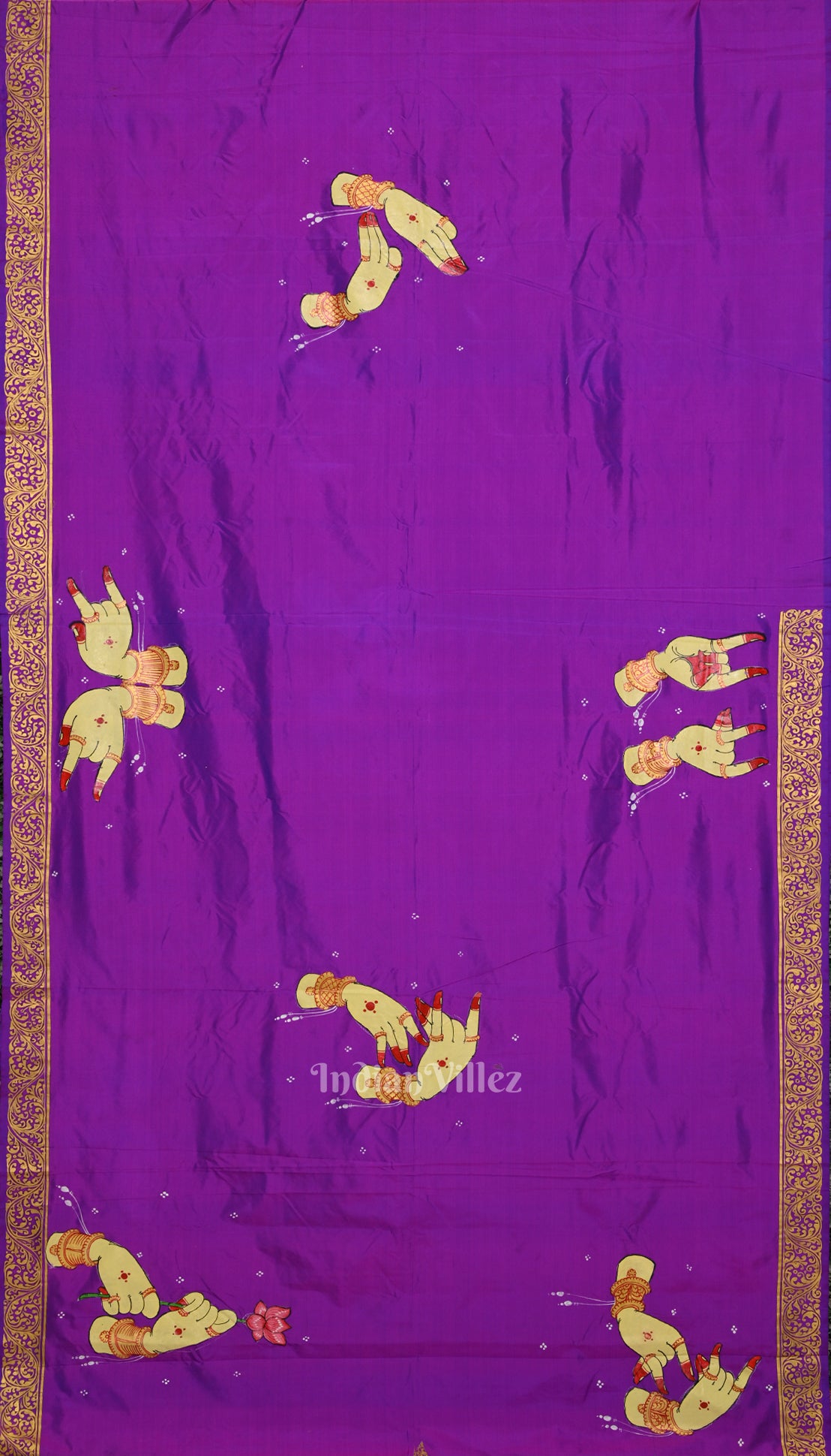 Purple Rasleela Hand-Painted Theme Pattachitra Silk Saree