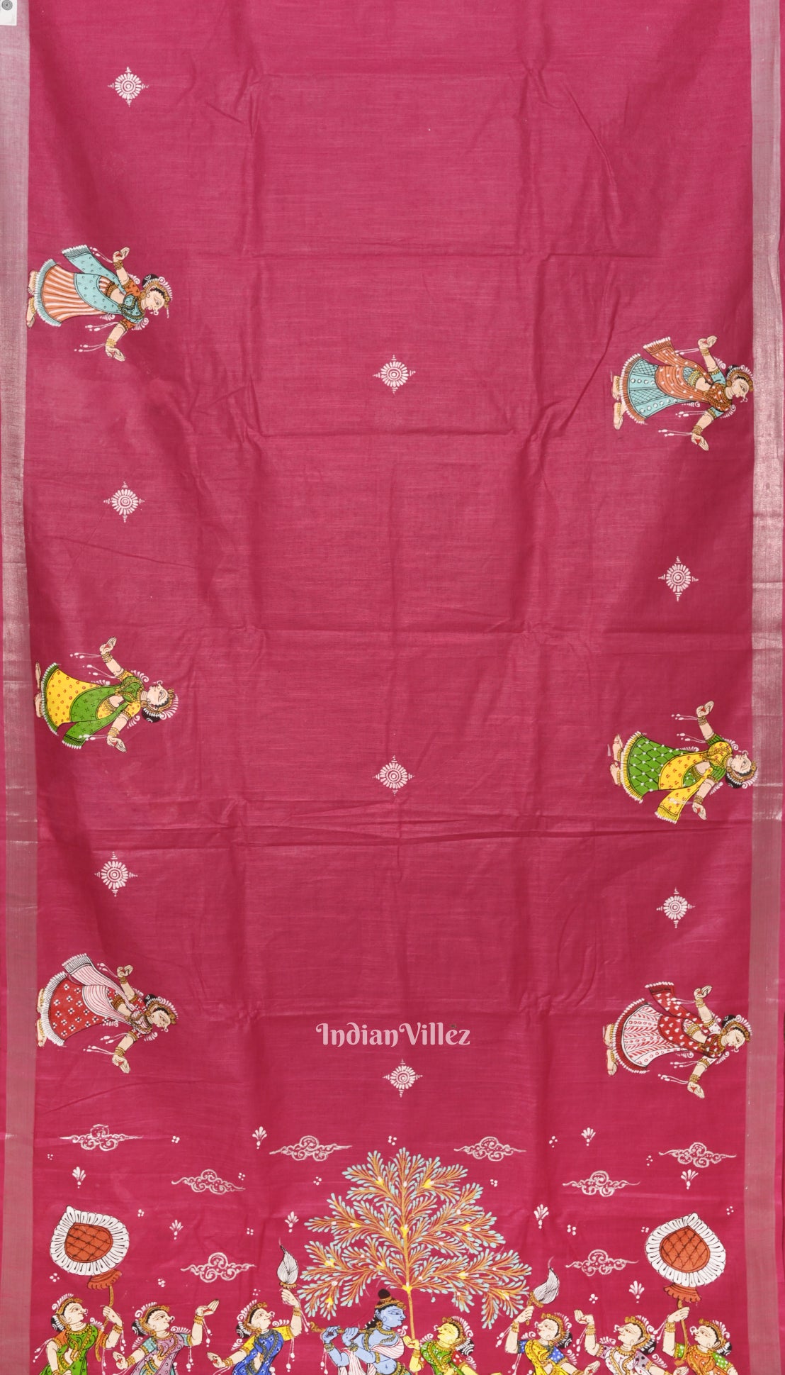 Pink Mudra Theme Hand-Painted Pattachitra Linen Saree With Zari Border