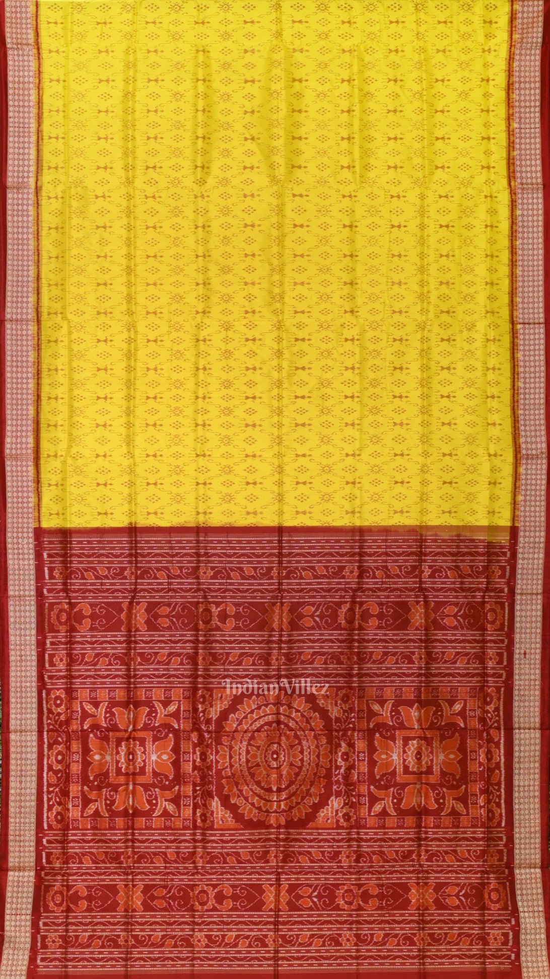 Lemon Yellow Maroon Tribal Theme Sambalpuri Silk Saree