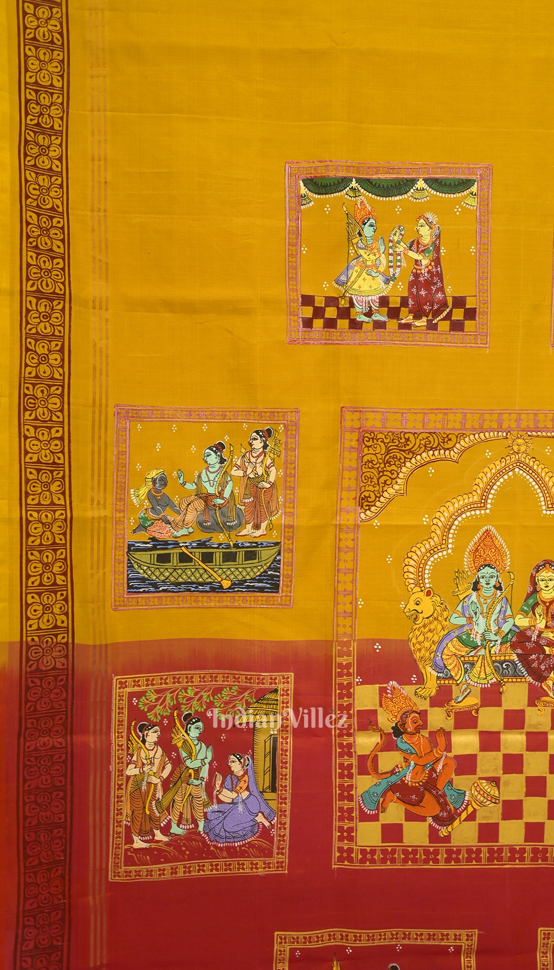 Yellow Ramayan Theme Hand-Painted Pattachitra Saree