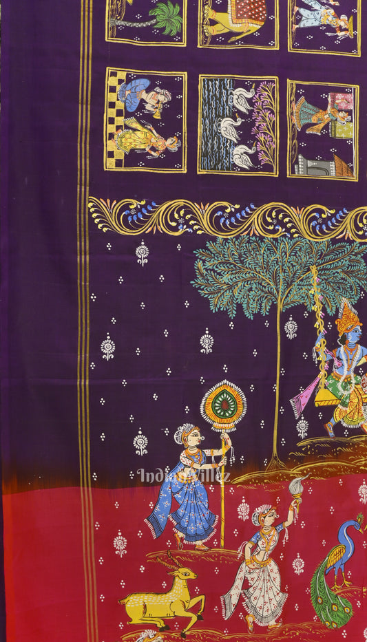 Purple Rasaleela Theme Hand-Painted Pattachitra Saree