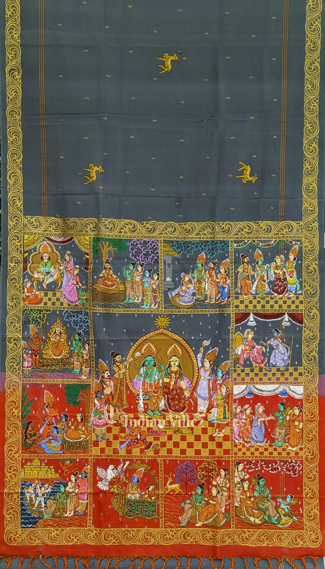 Black Grey Ramayan Theme Hand-Painted Pattachitra Saree