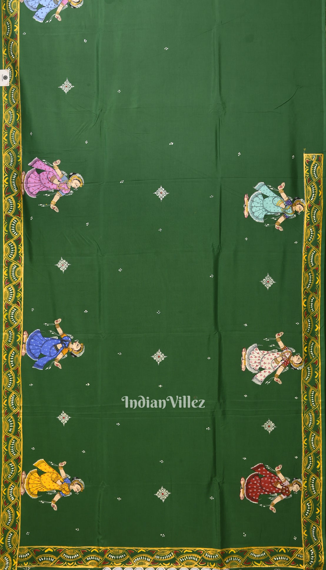 Green Ramayana Theme Hand-Painted Pattachitra Saree