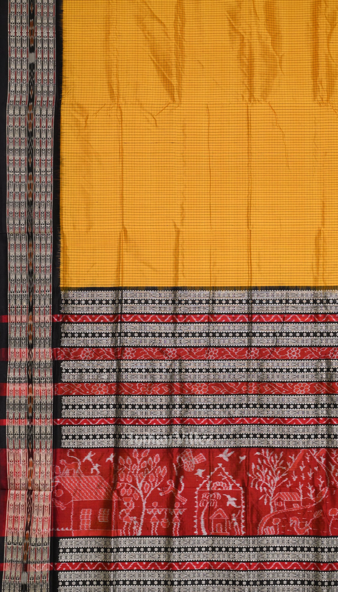 Mustard Yellow Black Checks Sachipar  Khandua Silk Saree 