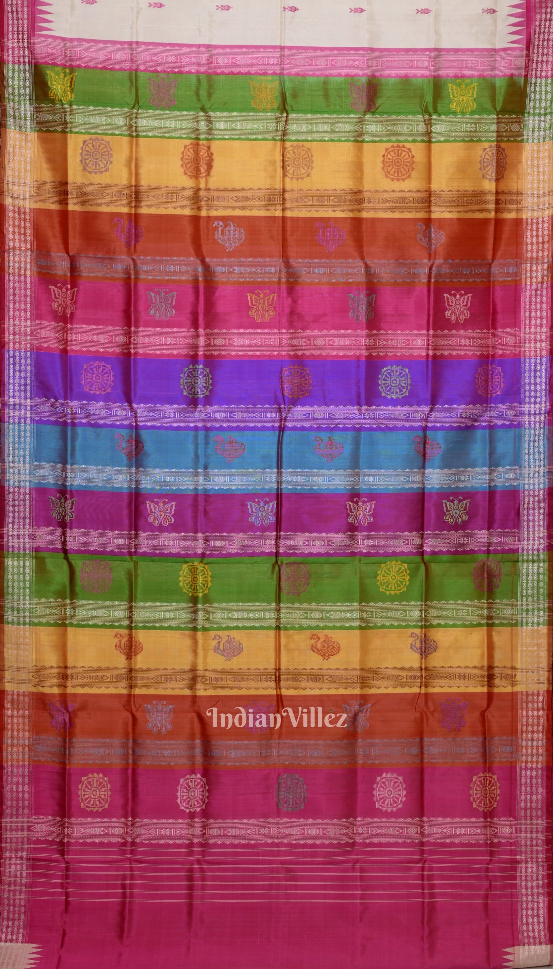 Off White Fish Motif Double Pallu Berhampuri Patta Saree