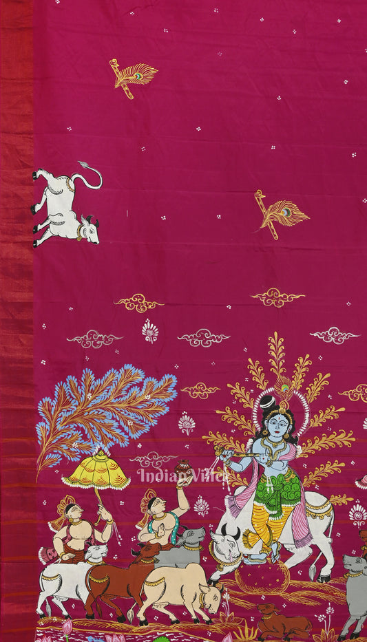 Magenta Pink Krishna Gopapur Theme Hand-Painted Pattachitra Saree