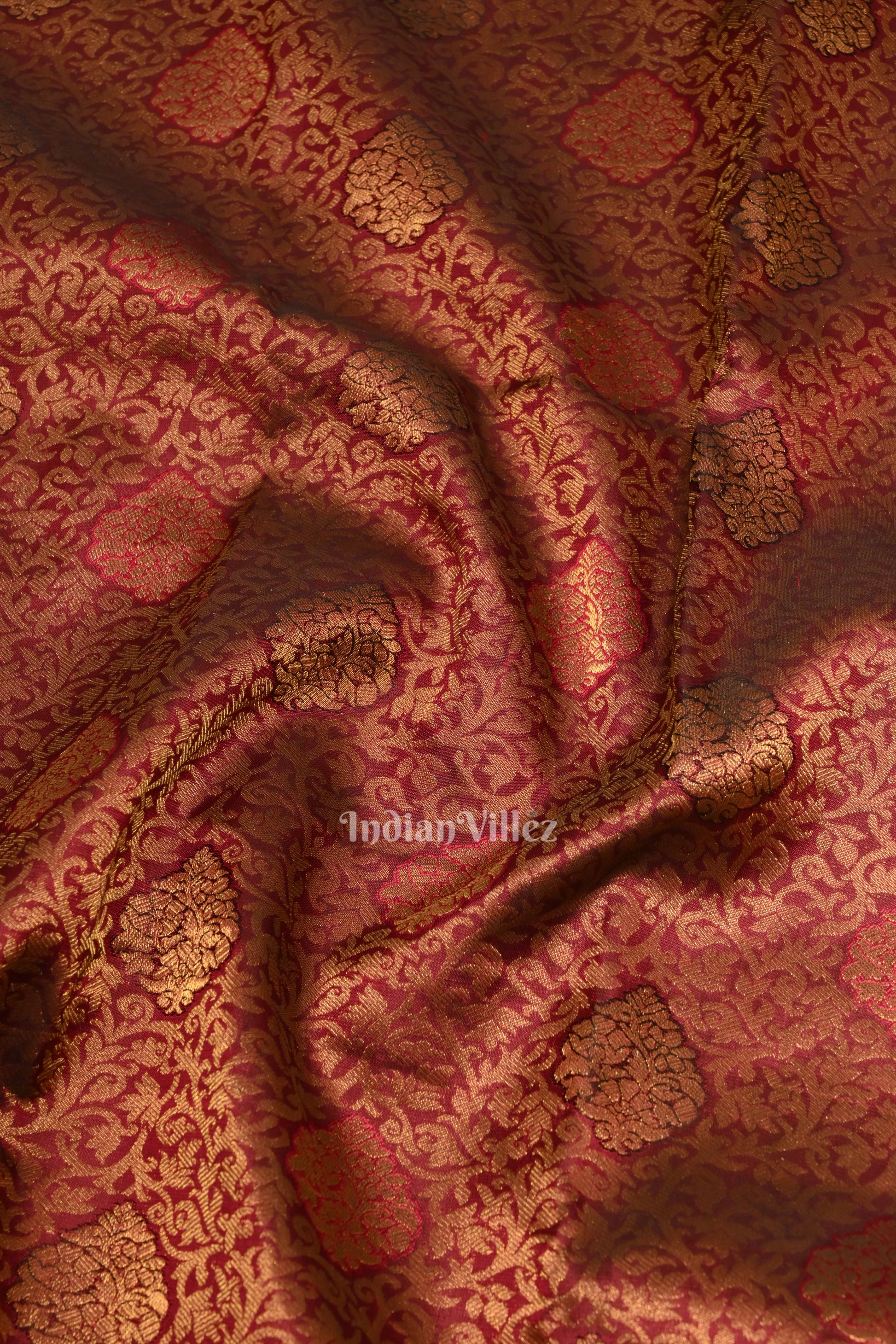 Deep Maroon Pure Brocade with Golden Broder  Bridal Kanjivaram Silk Saree 