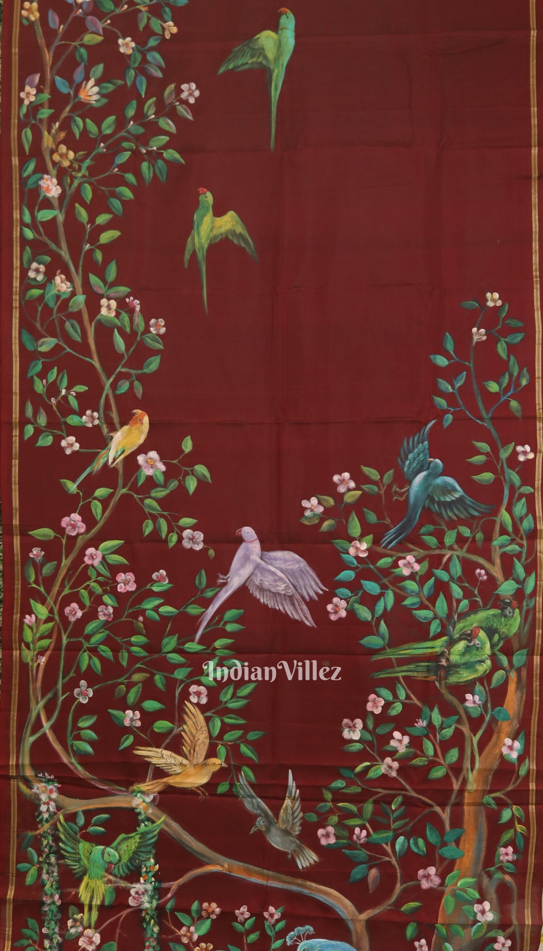 Maroon Radha Krishna Hand-Painted Silk Saree