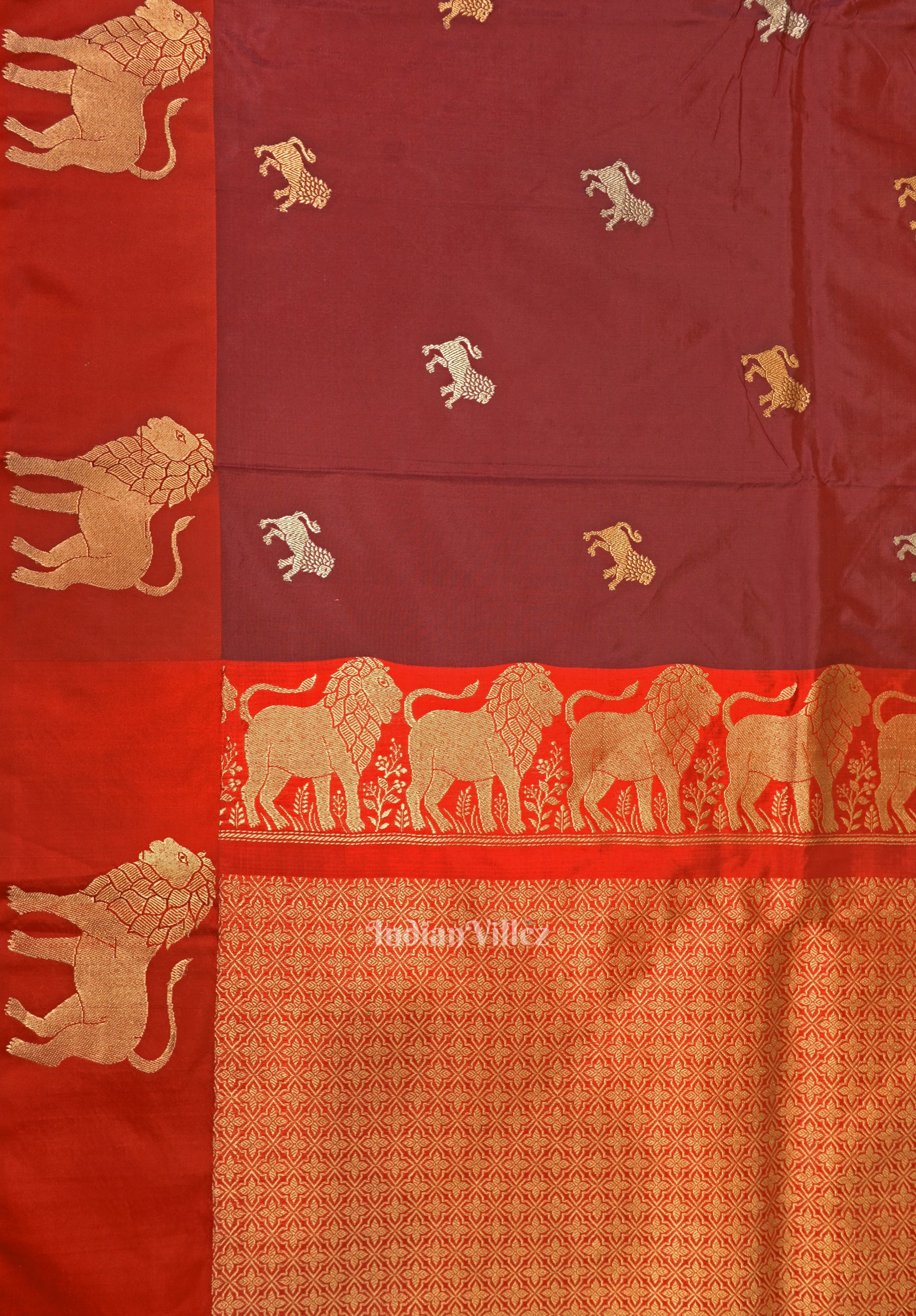 Maroon Red Lion Motif Designer Katan Banarasi Silk Saree