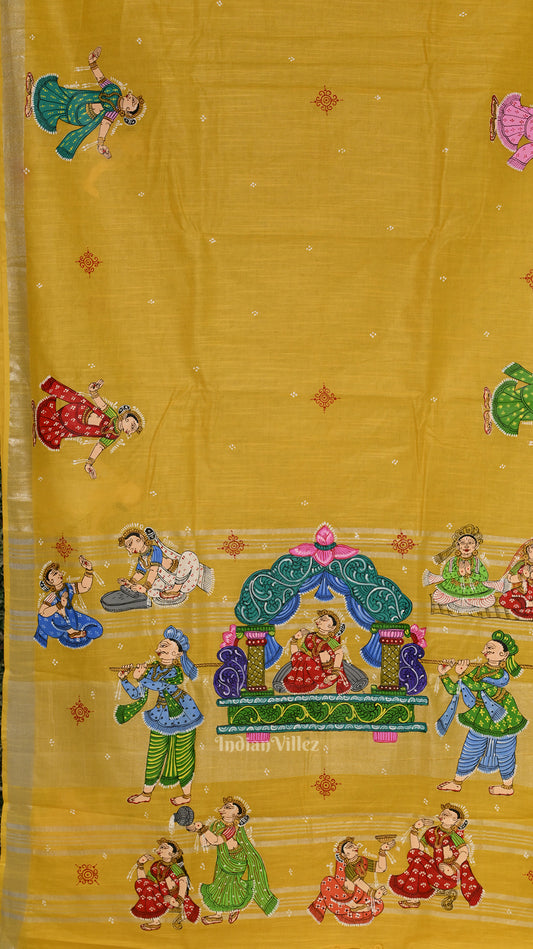 Yellow Doli Barat Theme Hand-Painted Pattachitra Saree