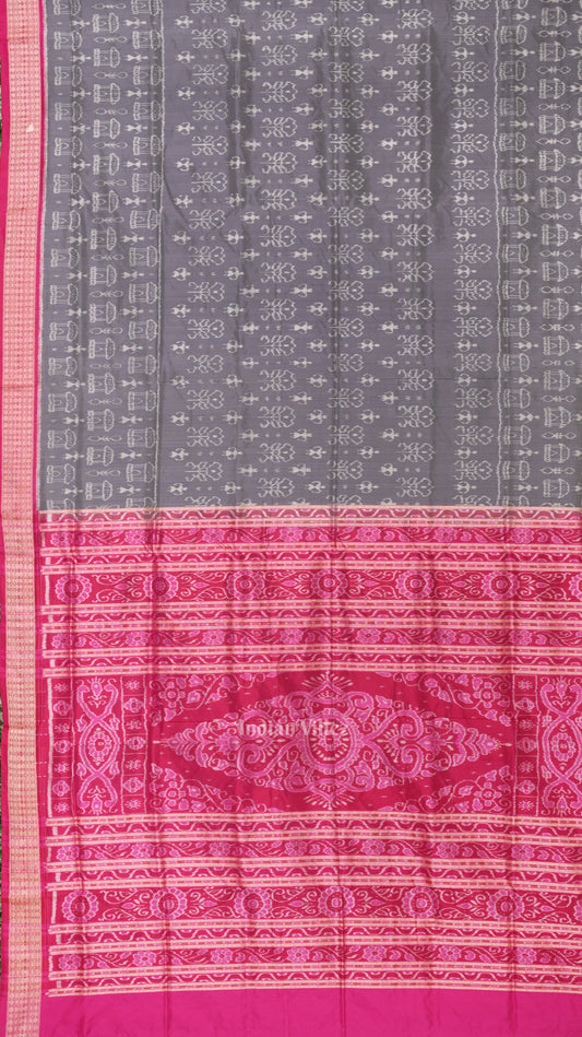 Cement Gray Rani Pink Tribal Theme Sambalpuri Silk Saree