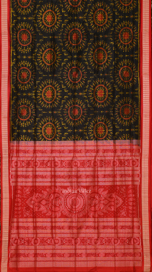 Deep Black Red Tribal Theme Sambalpuri Silk saree 