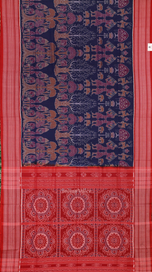 Navy Blue Red Animal Them me Sambalpuri Ikat Cotton Saree 