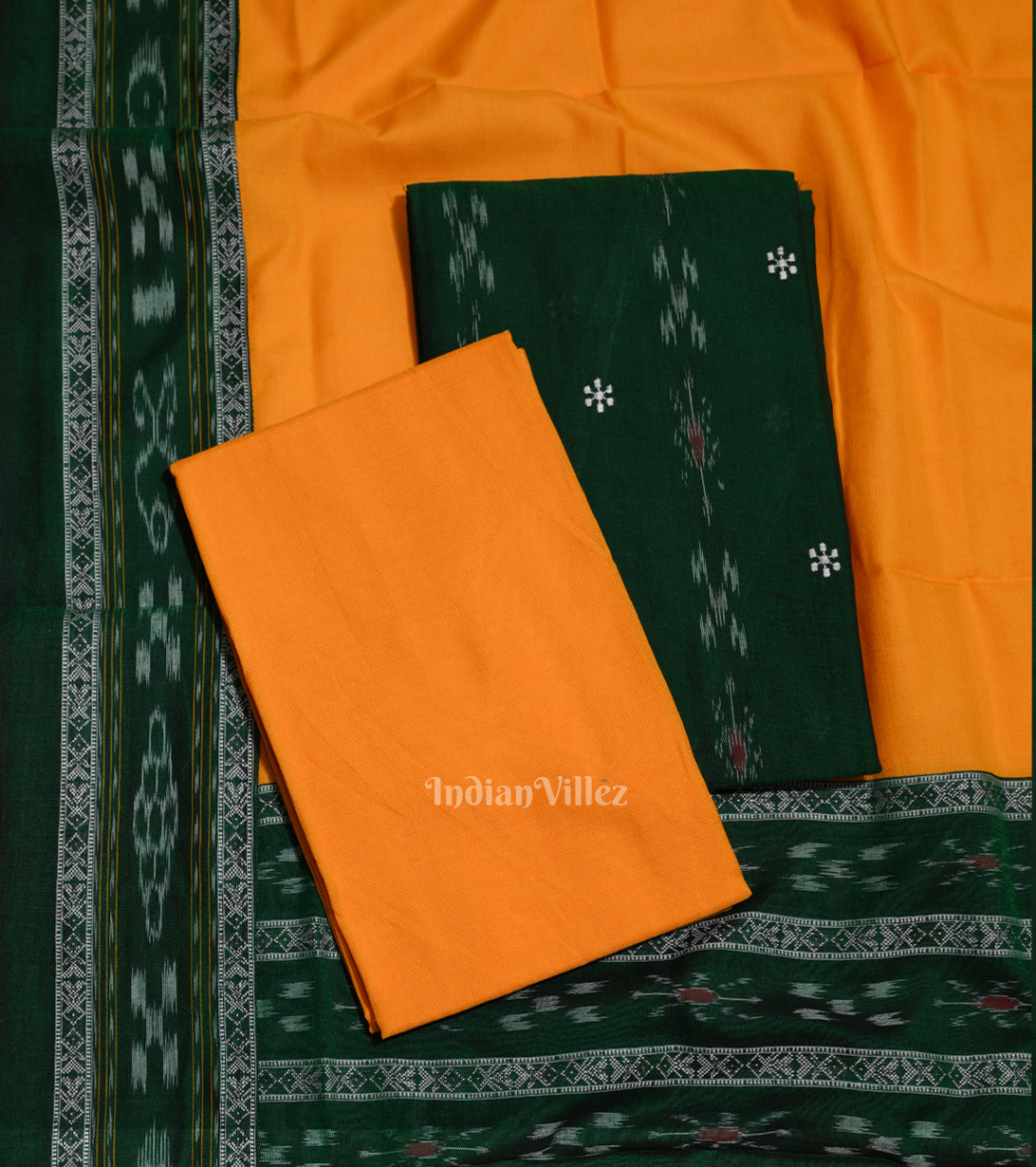 Green Yellow Sambalpuri Cotton Dress Set with dupatta