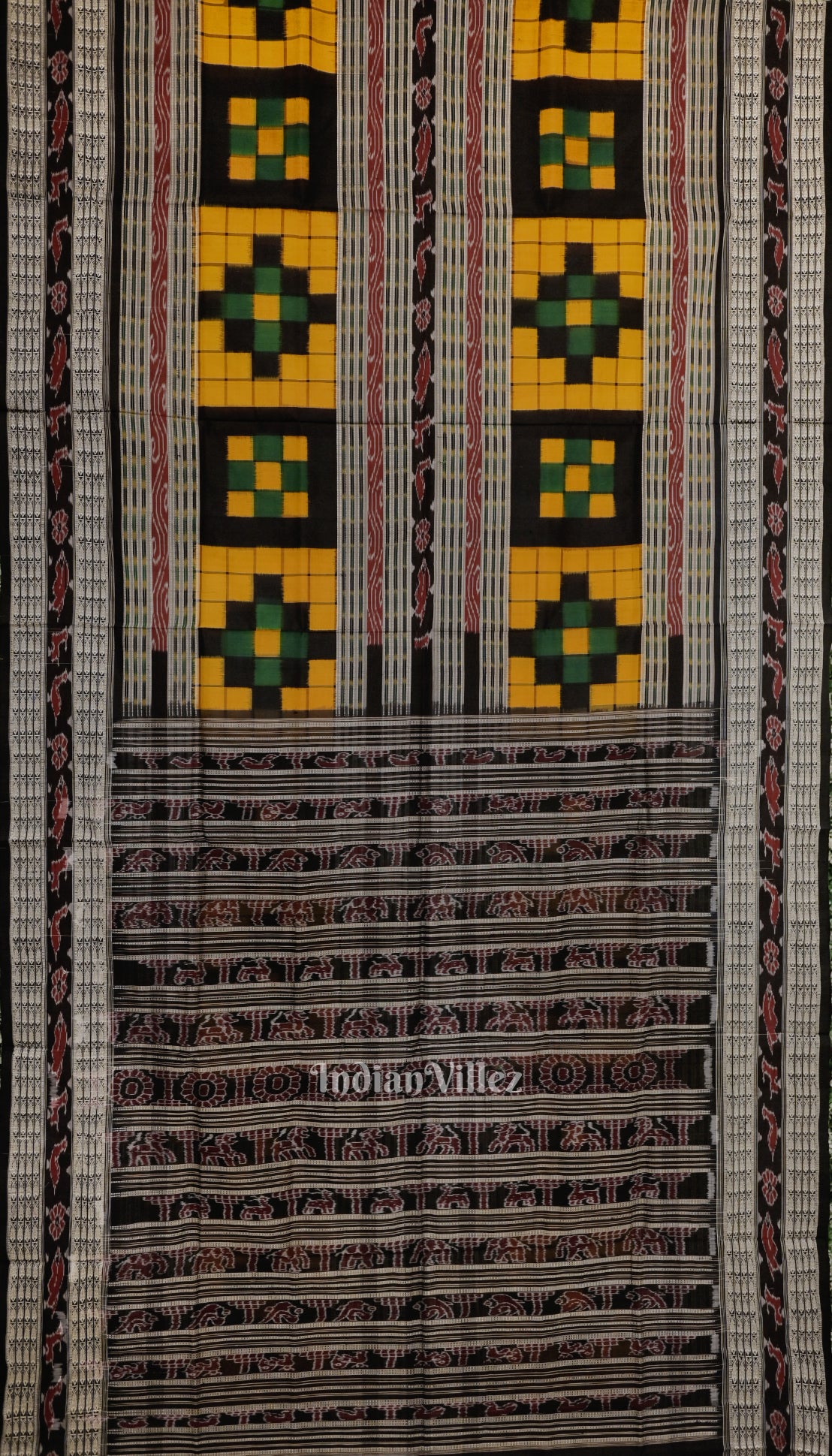 Yellow Black Odisha Ikat Pasapali Bichitrapuri Cotton Saree