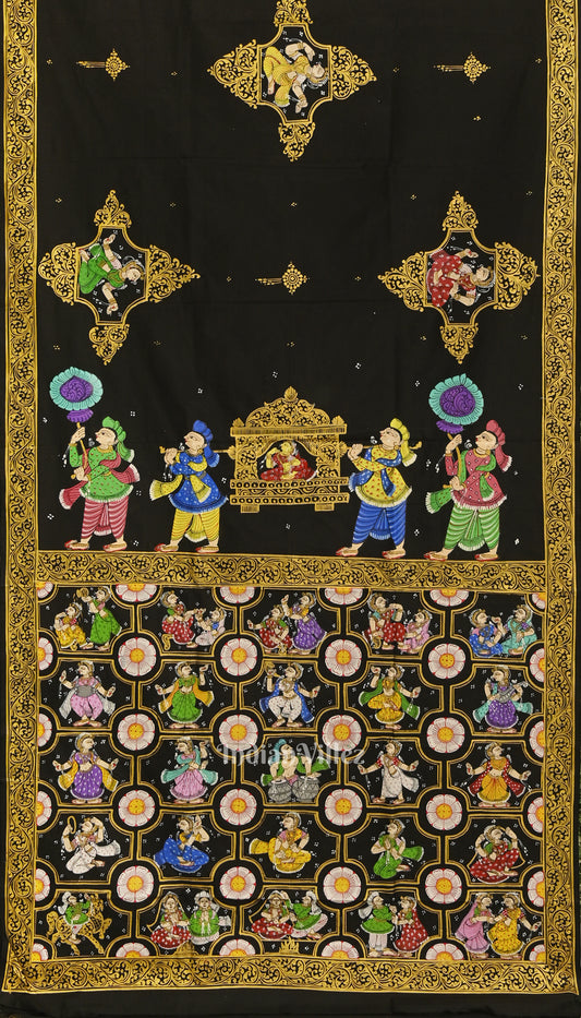 Black Doli Barat & Nartaki Theme Hand-Painted Pattachitra Saree