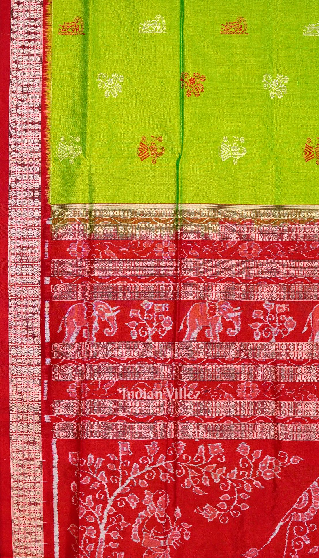 Red Green Welcome Design Bomkai Sambalpuri Silk Saree