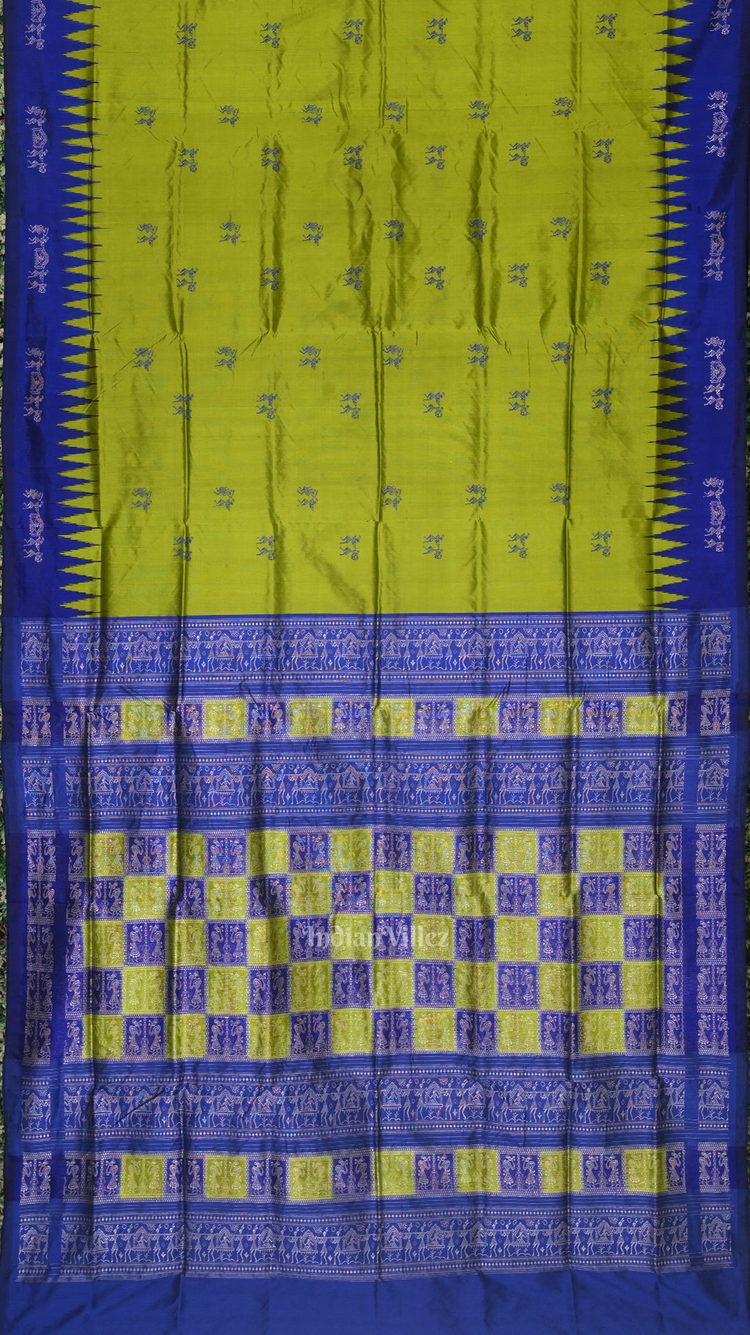 Exclusive Parrot Green Tribal Theme Bomkai Sambalpuri Silk Saree