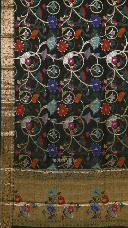 Bottle Green Pure Jamdani Banarasi Kota Saree