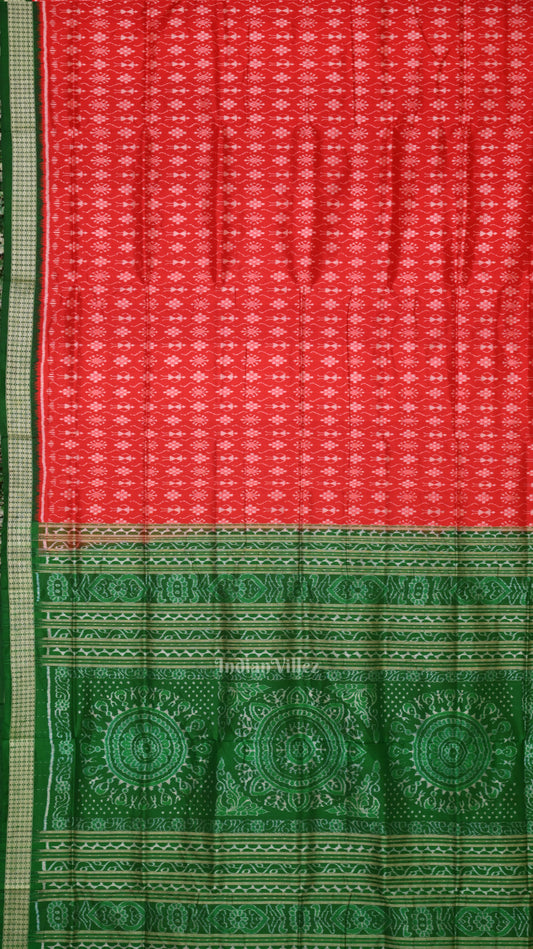  Deep Red Green Tribal Theme Sambalpuri Silk Saree 