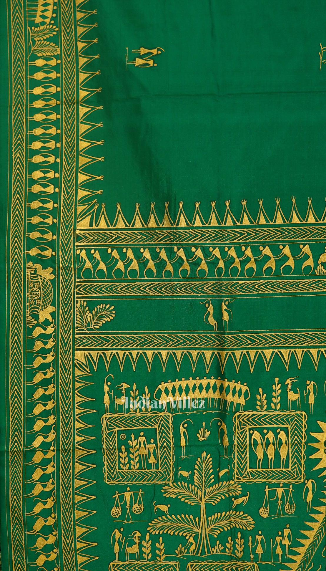 Green Tribal Theme Pattachitra Silk Saree