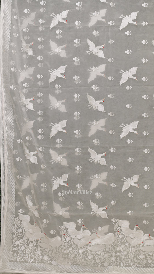 White Parsi Gara Floral Motif Hand Embroidered Saree