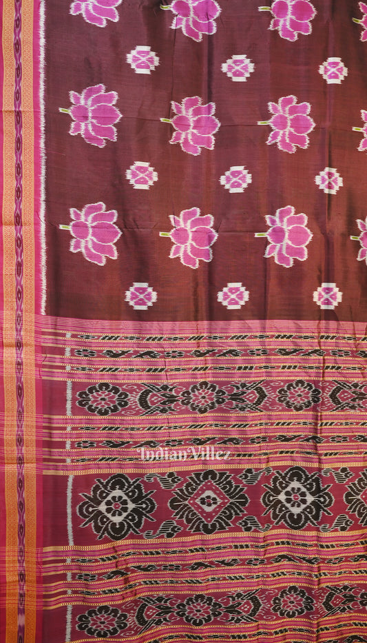 Deep Wine Lotus Flower Theme Odisha Ikat Khandua Silk Saree