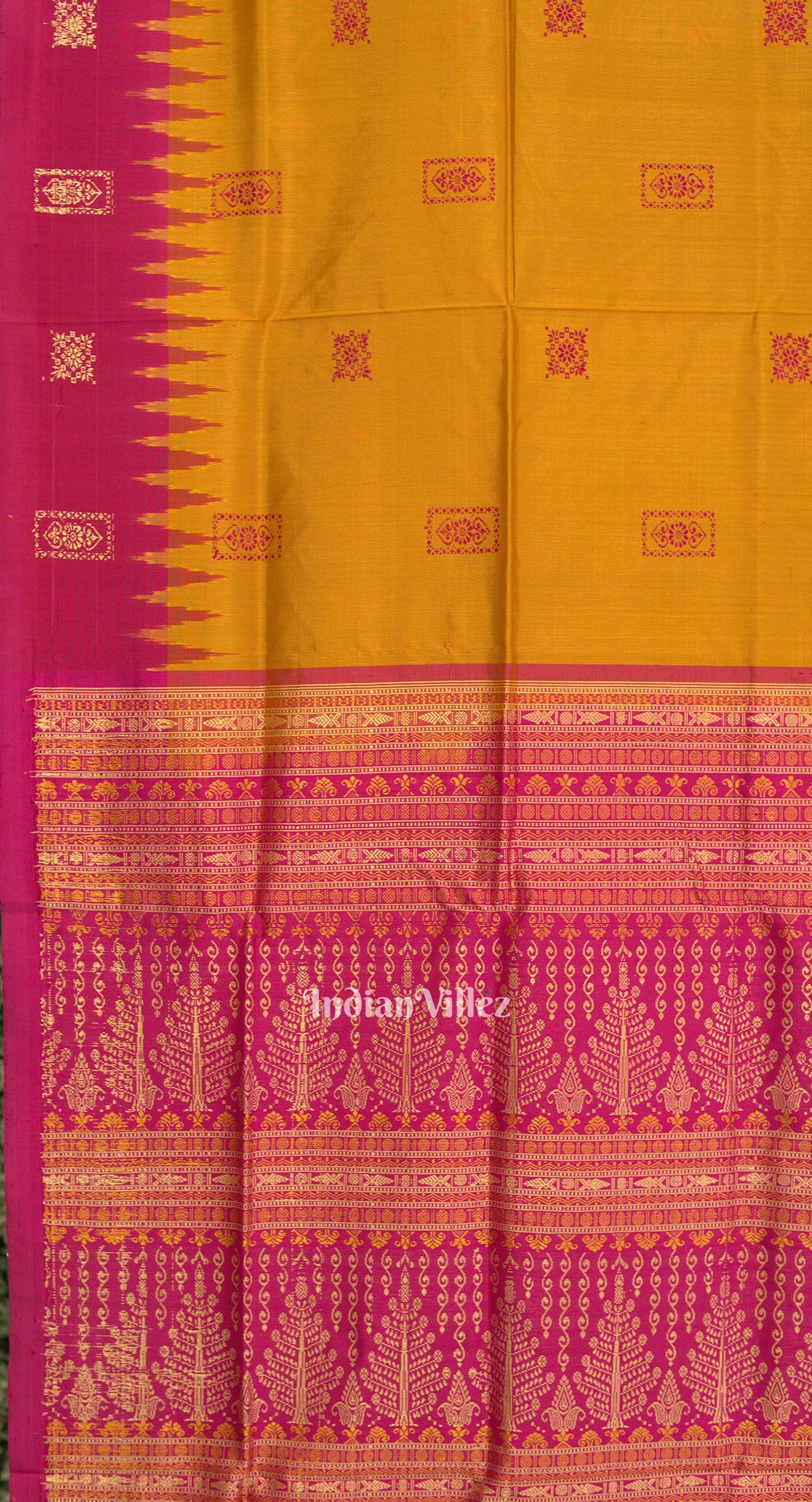 Golden Yellow Pink Flower Box Design Bomkai Sambalpuri Silk Saree