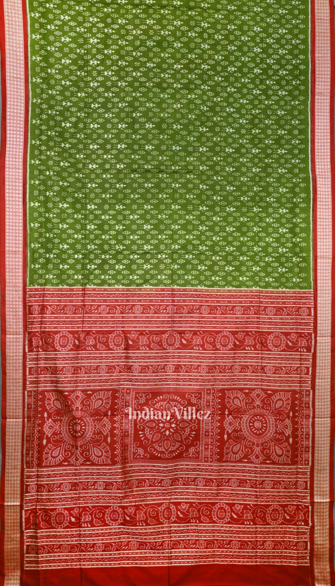 Dark Green With Red Anchal Tribal Theme Sambalpuri Silk Saree