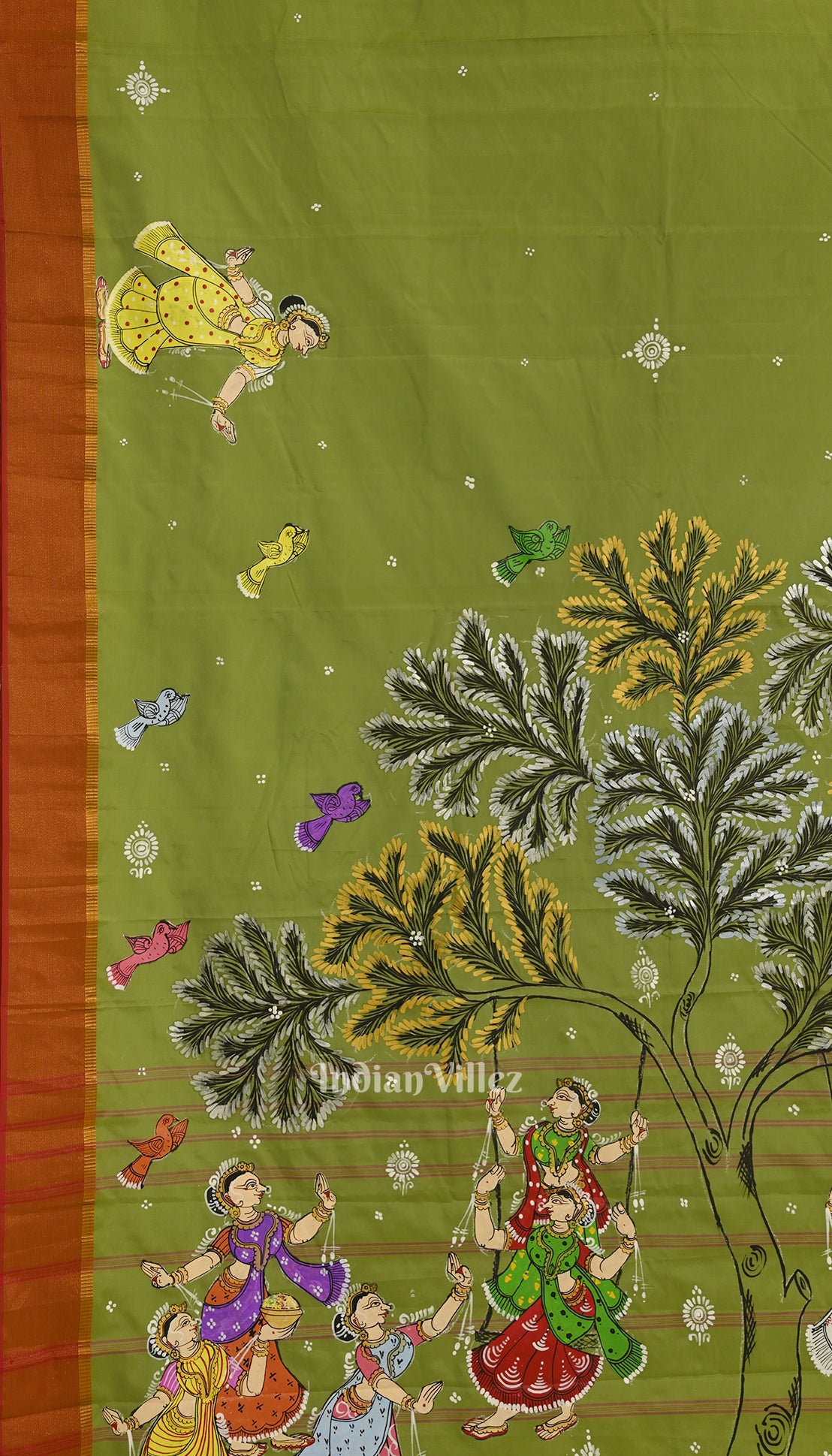 Parrot Green Nartaki Theme Hand-Painted Pattachitra Saree