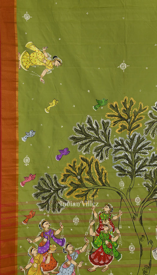 Parrot Green Nartaki Theme Hand-Painted Pattachitra Saree