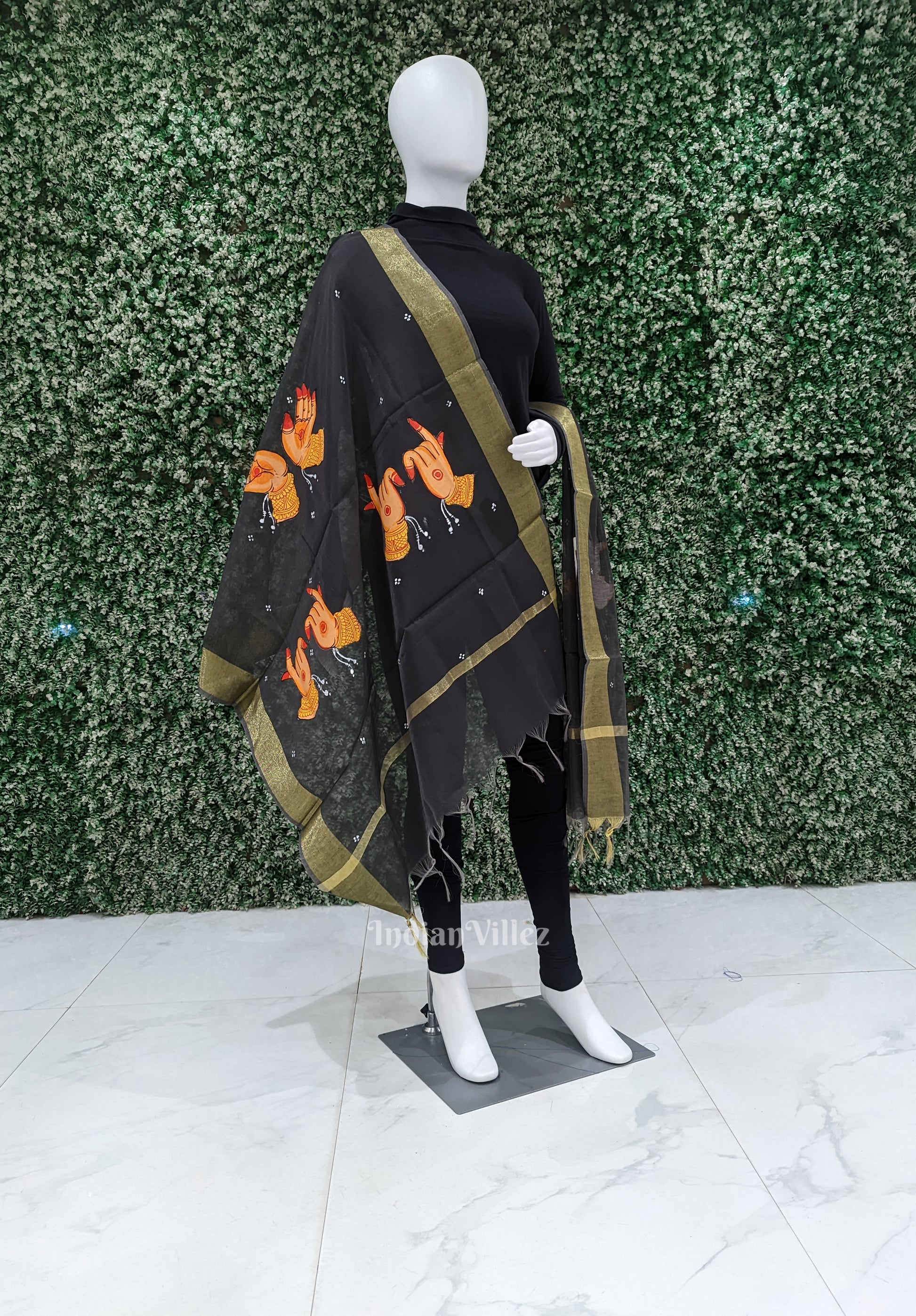 Charcoal Black Mudra Theme Pattachitra Chanderi Dupatta