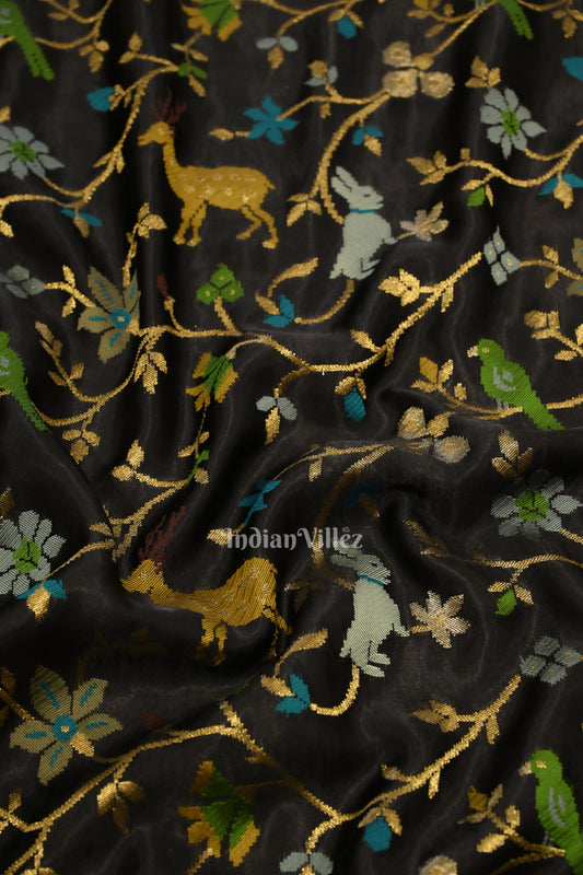 Black with Golden Border Tussar Banarasi Handloom Silk Saree 
