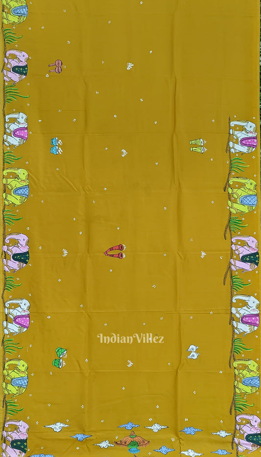 Yellow Doli Barat Theme Hand-Painted Pattachitra Saree